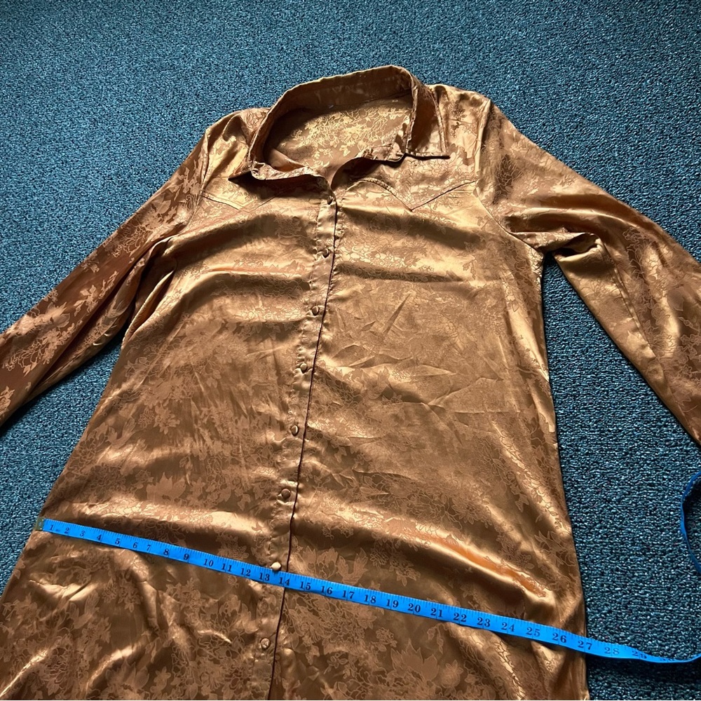 Metallic Copper Orange Floral Modest Long-Sleeve Button Down Shirt Flowy Dress - Picture 15 of 16